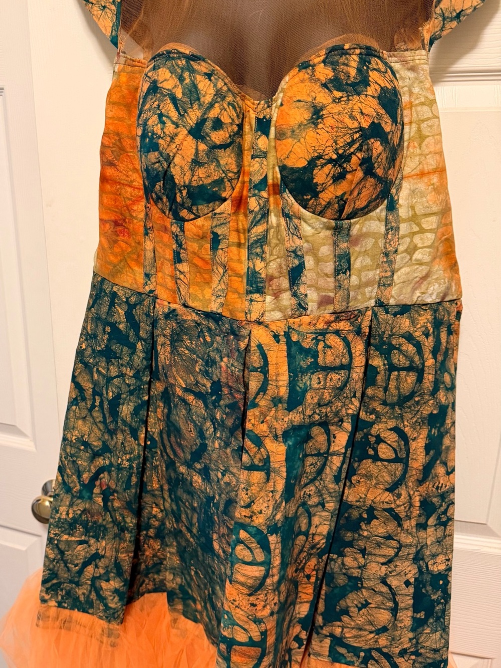 Bustier Tie-Dye Print Dress in Orange and Teal